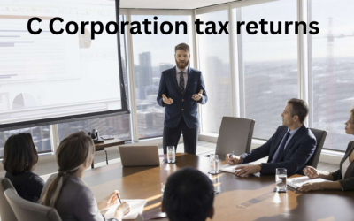 Senior accountants at A M Global reviewing C Corporation Tax Return Form 1120 documents.